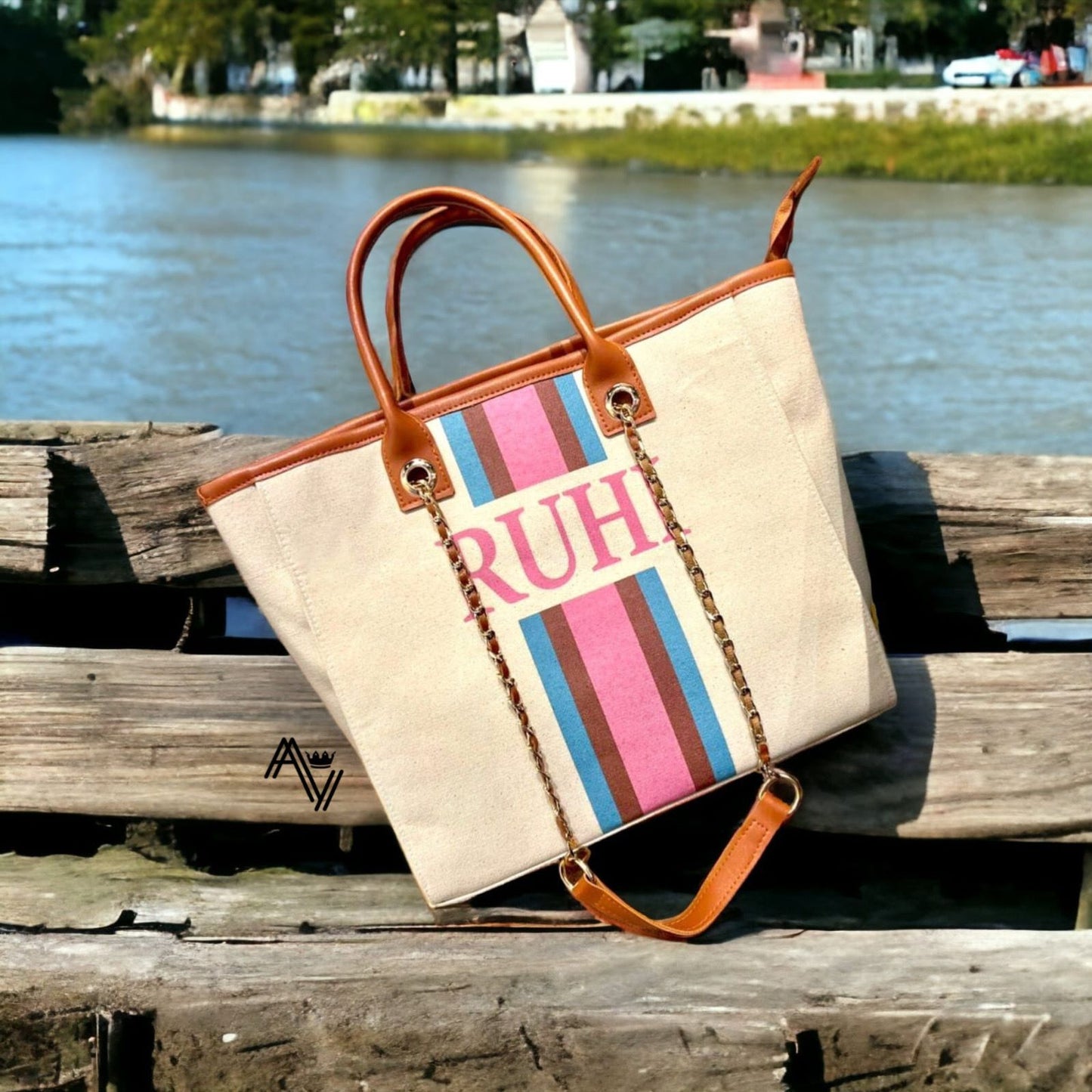 MOST TRENDING Richims Customised Book Tote - Blue Pink Brown stripes