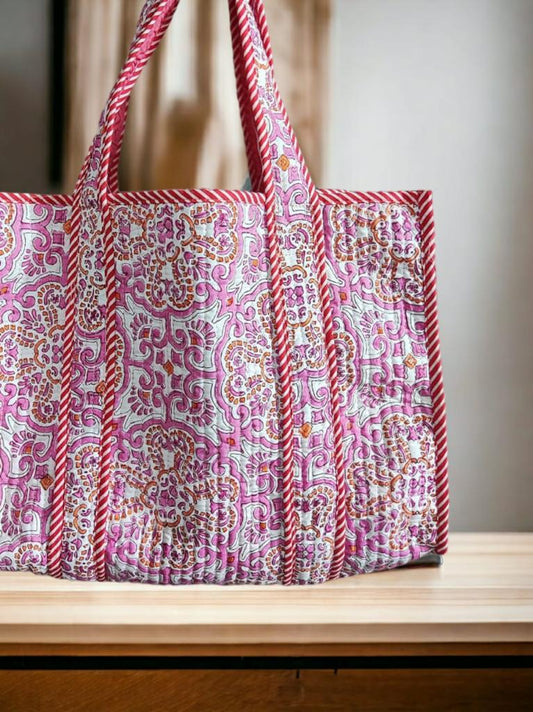 Handmade quilted tote bag - PINK MOTIF