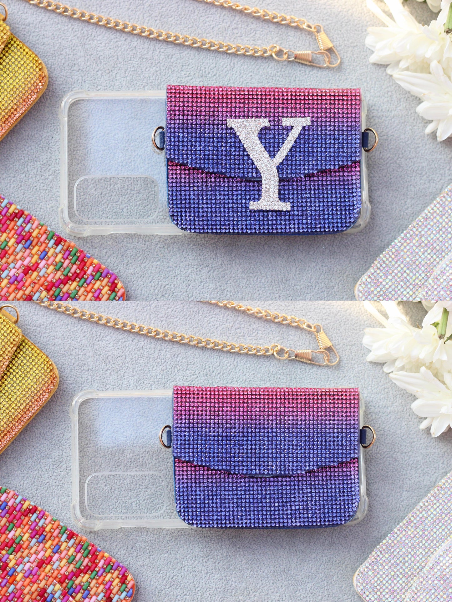 Stone crystal personalized Phone case & Card holder slings - Purple