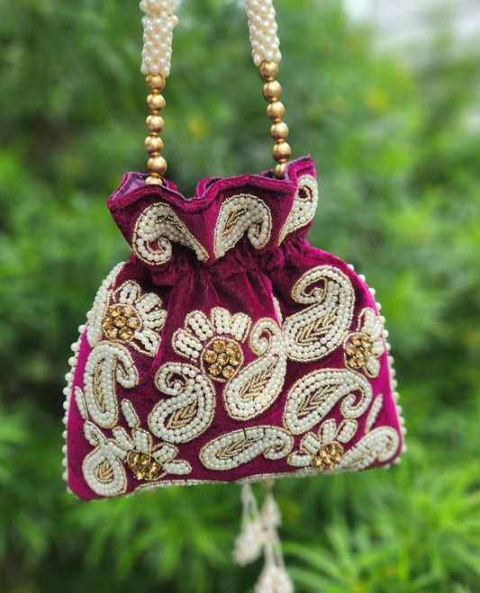 Hand embroidered pearl work potli bag - Purple