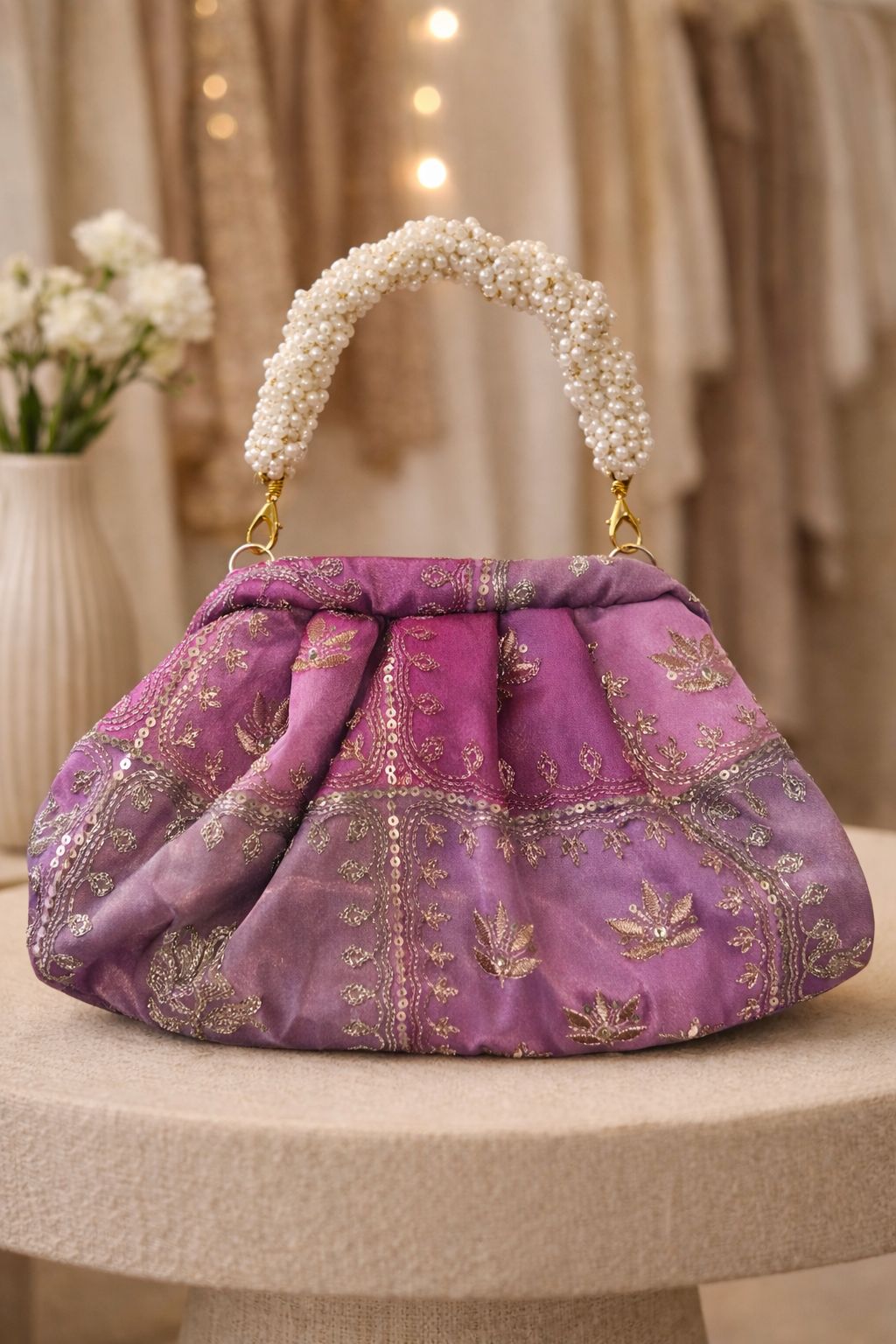 Organza zari fabric potli with gajra wristlet