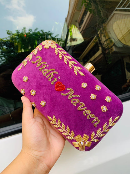 Custom name clutch with golden embroidery - Purple