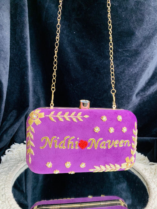 Custom name clutch with golden embroidery - Purple