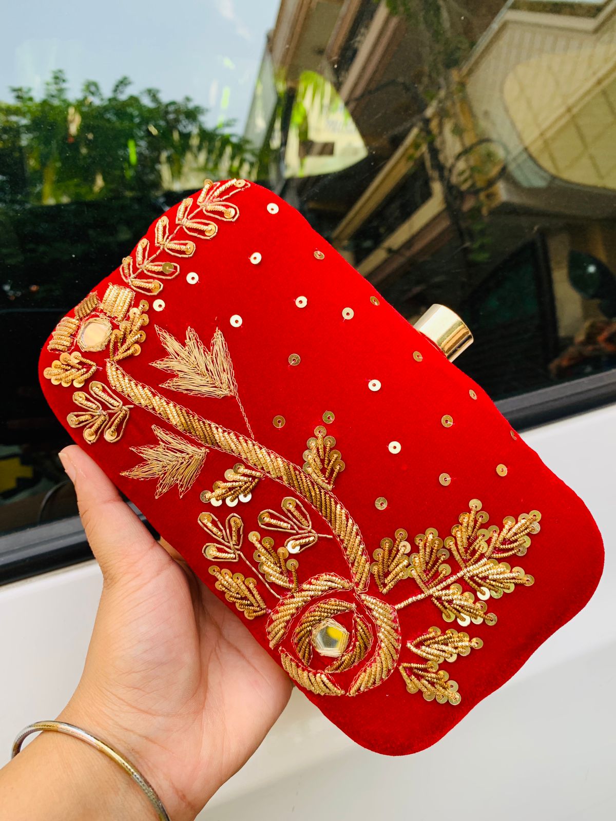 Custom name clutch with golden embroidery - Red