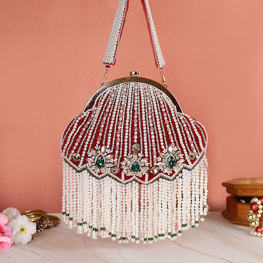 Designer pearl tassel half frame clutch potli