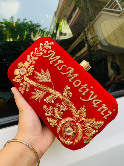 Custom name clutch with golden embroidery - Red