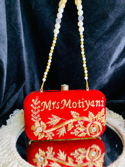 Custom name clutch with golden embroidery - Red