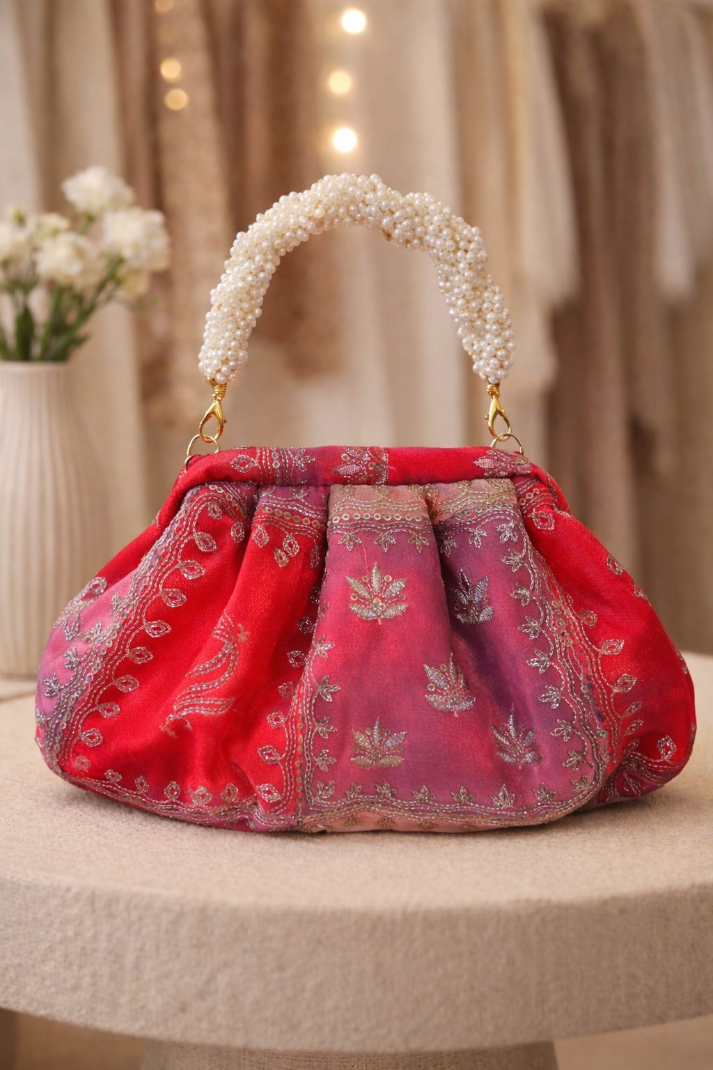 Organza zari fabric potli with gajra wristlet