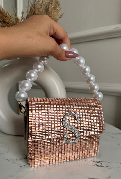 MINI RHINESTONE METALLIC FLAP BAG - ROSE GOLD