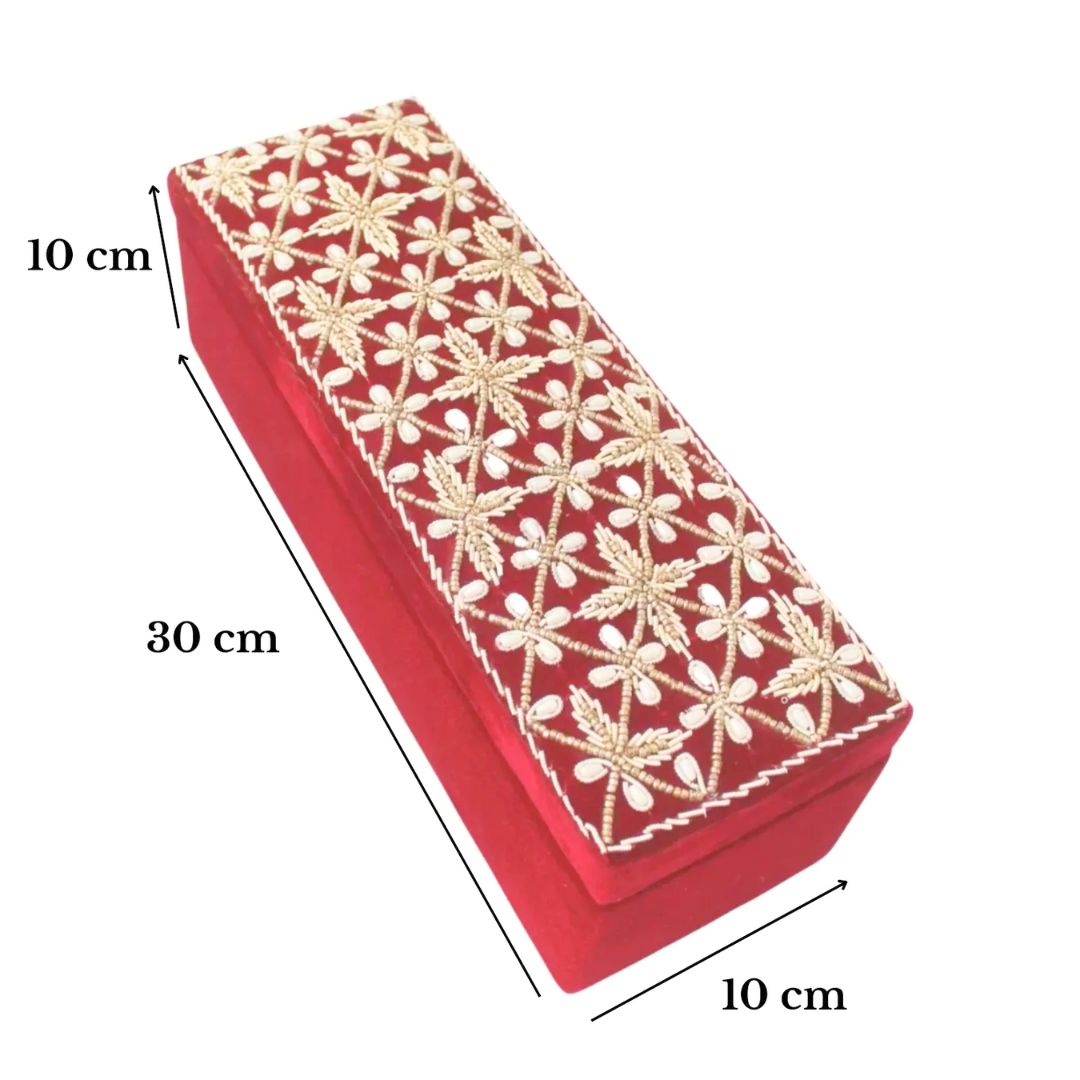 Red single rod bangle box with bead and golden embroidery