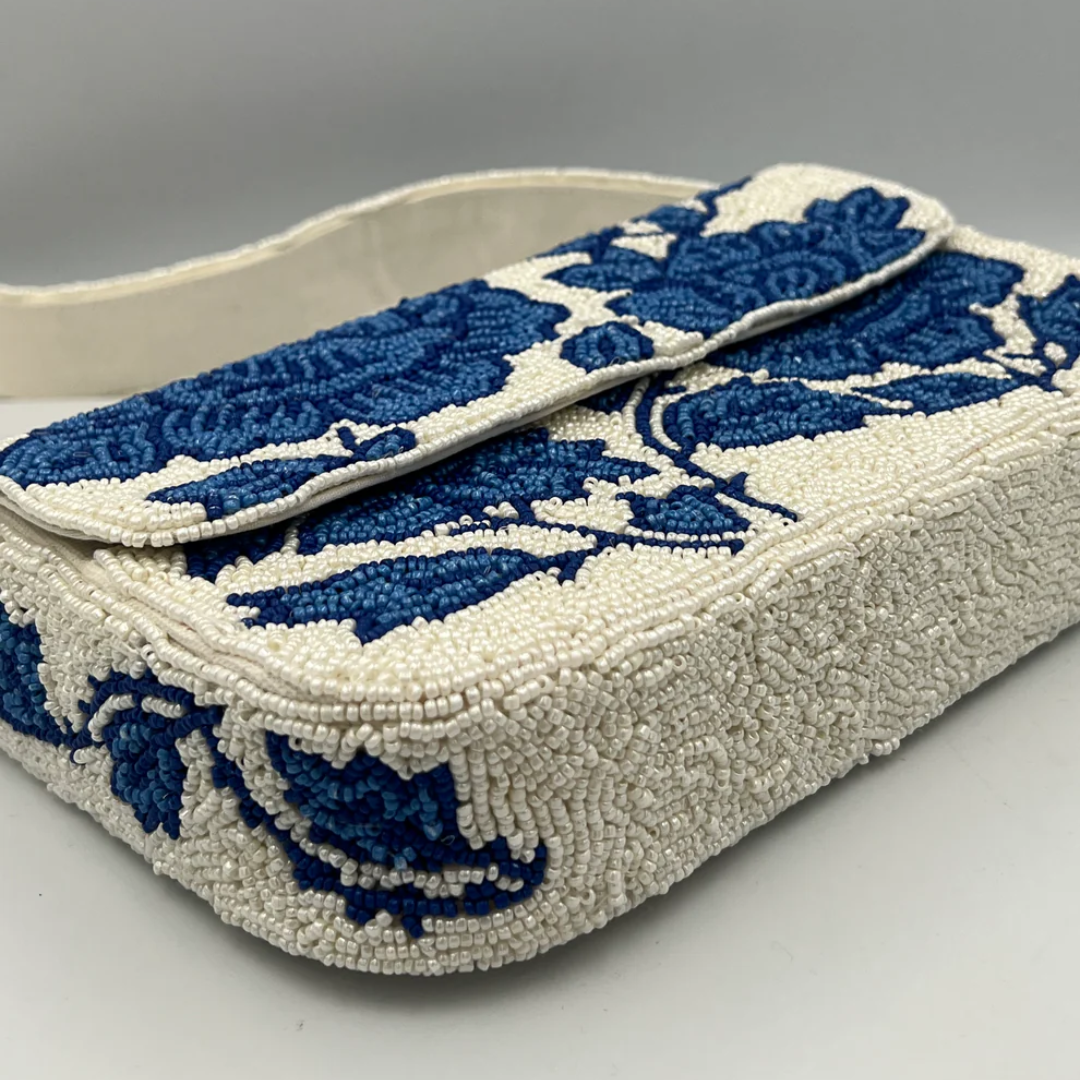 Handmade Beaded Shoulder Bag, Azure Bloom, Blue