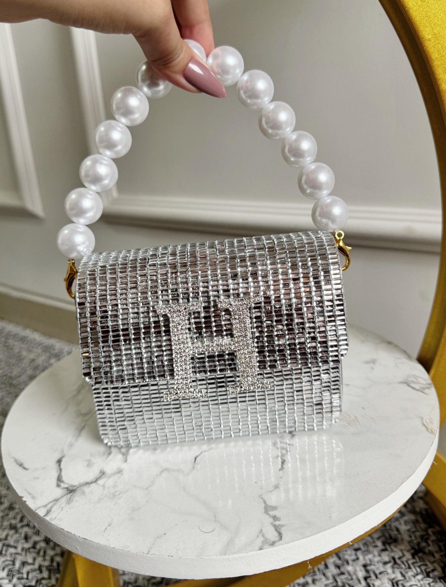 MINI RHINESTONE METALLIC FLAP BAG - SILVER