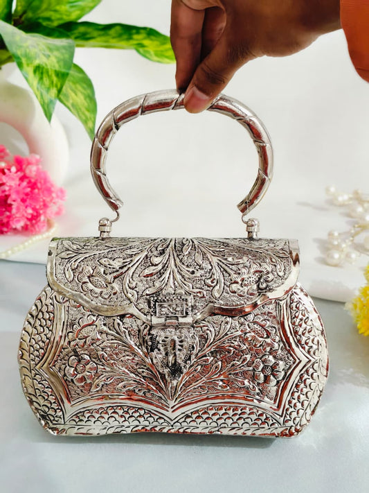 Handcrafted silver brass clutch bag with detachable sling