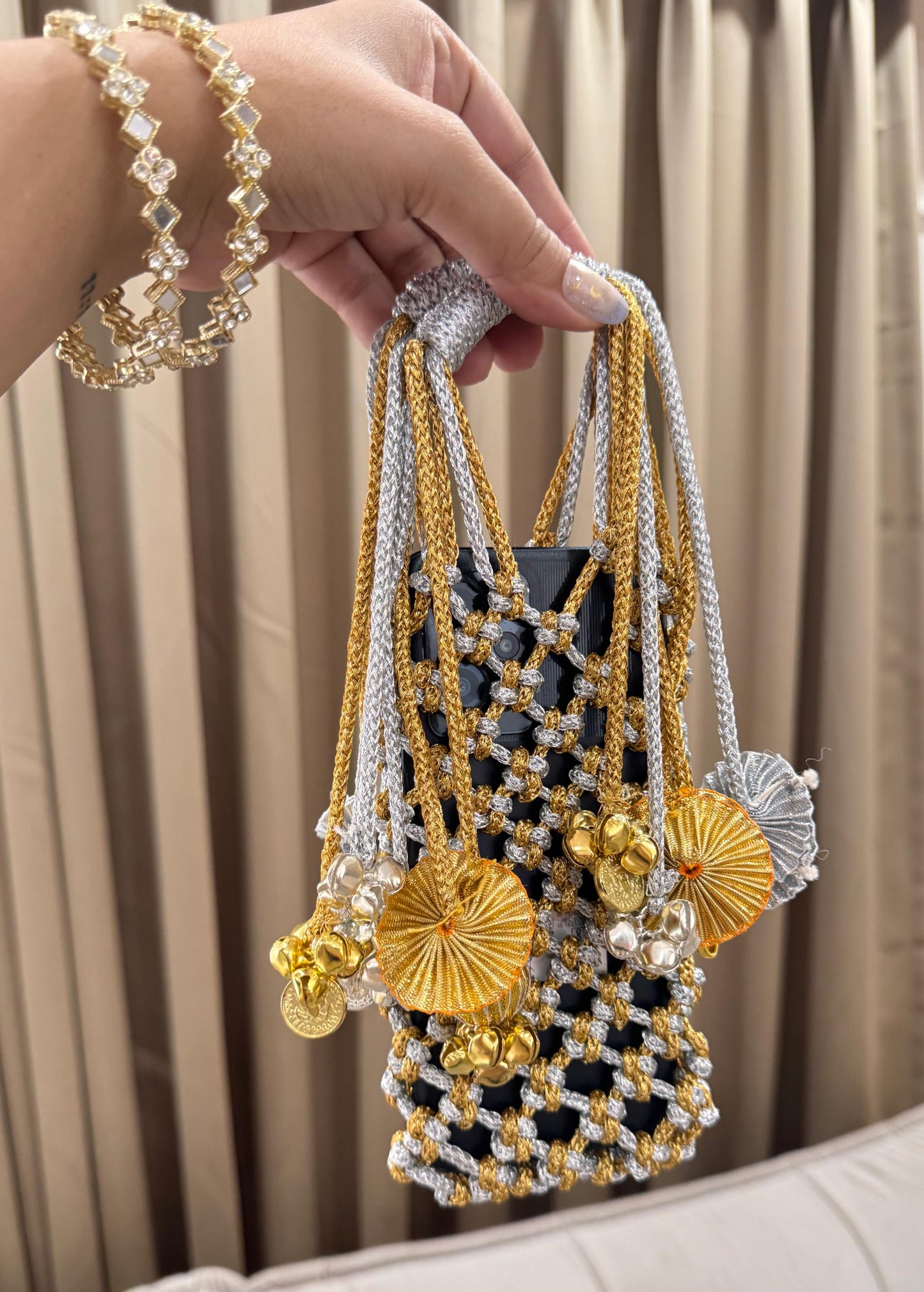 JHOOMAR handcrafted zari dori macramé phone case bags