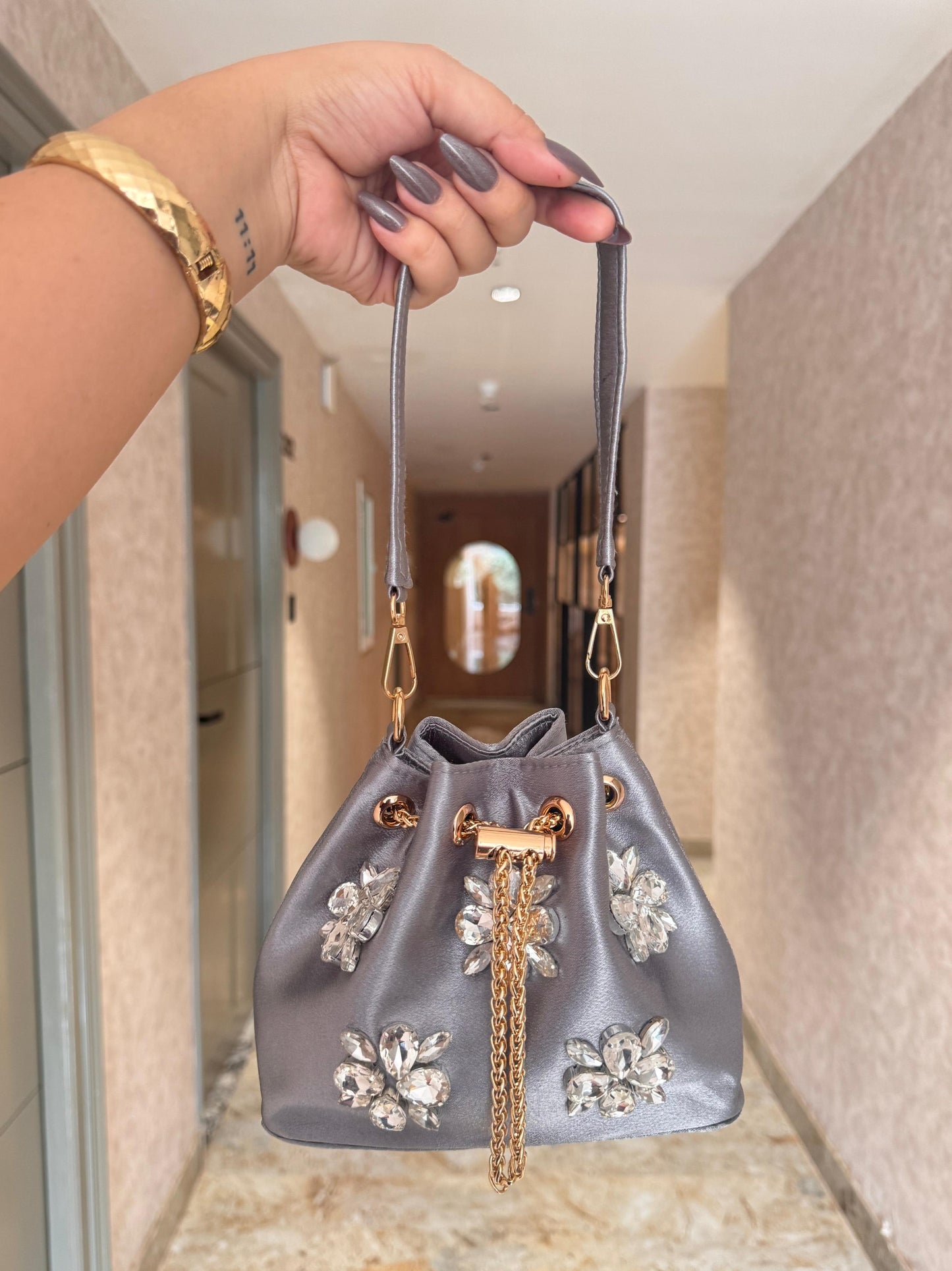 Satin Bucket Bags with Crystals