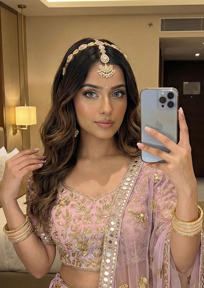 Yellow kundan headband with mang teeka