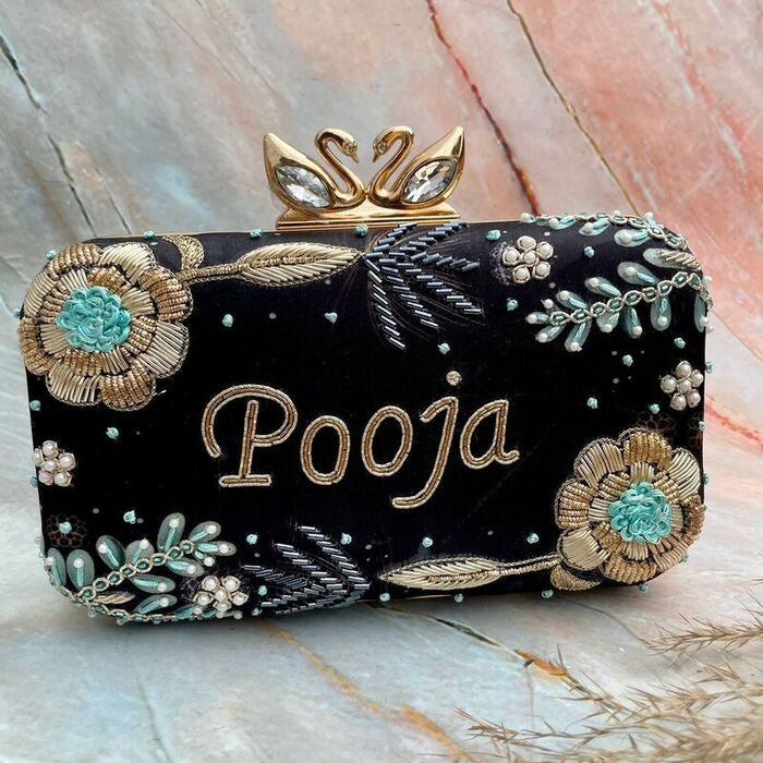Designer black printed embroidery customised clutch with swan knob