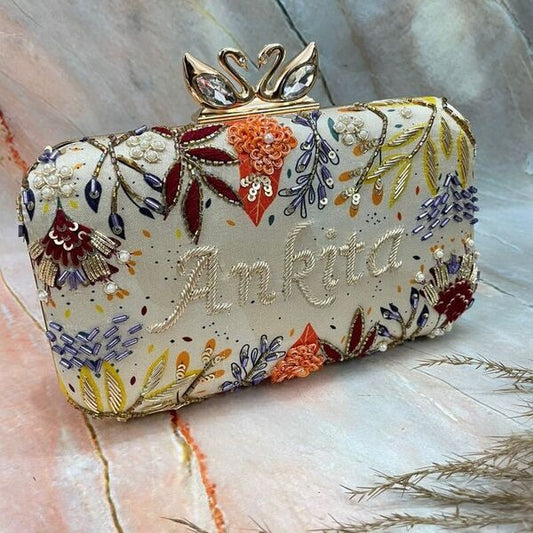 Designer off white printed embroidery customised clutch with swan knob