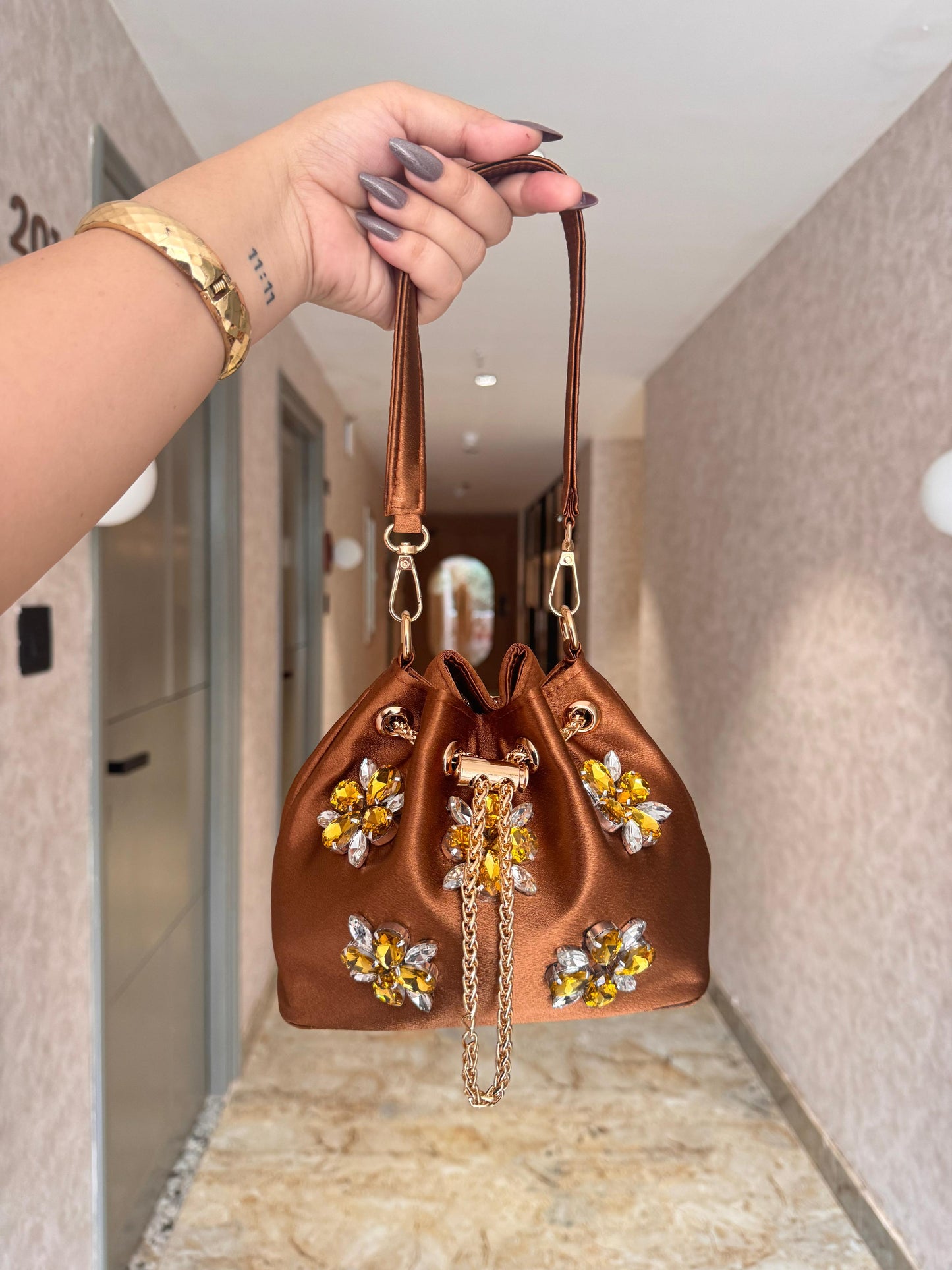 Satin Bucket Bags with Crystals
