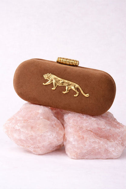 Long jaguar Metal Embellished Suede Covering Clutch bag