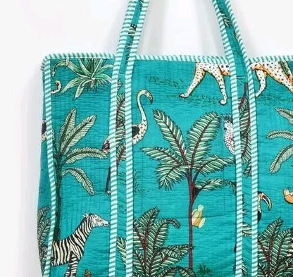 Teal jungle print handmade quilted tote bag