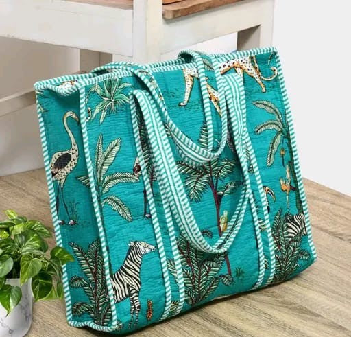 Teal jungle print handmade quilted tote bag