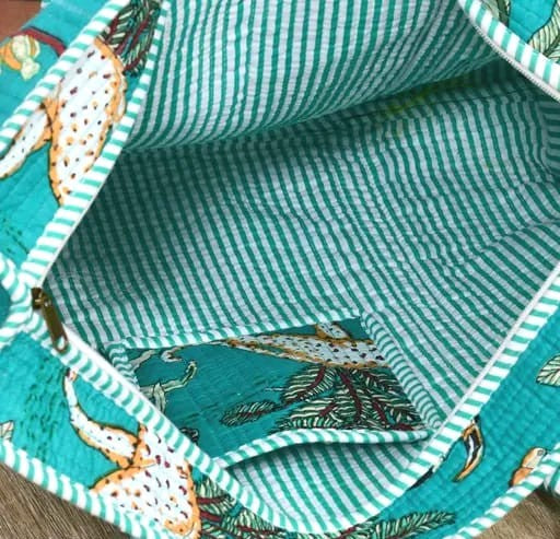Teal jungle print handmade quilted tote bag