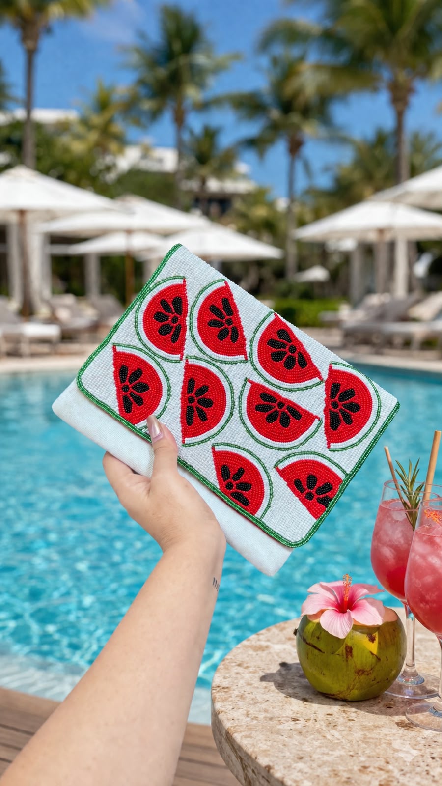 Watermelon white bead work flap bag