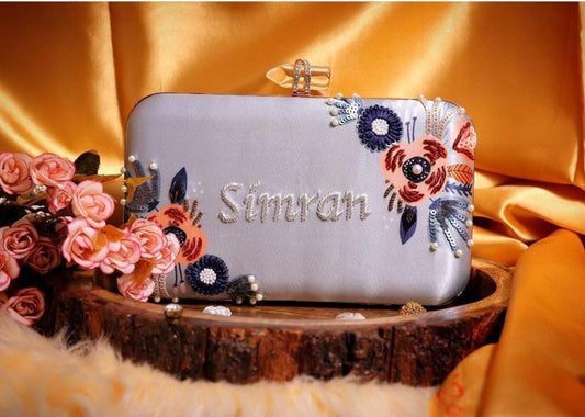 Lilac classy customised handwork on printed clutch