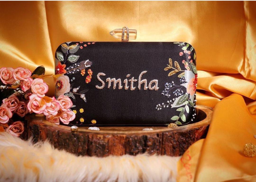 Black classy customised handwork on printed clutch - Design 5