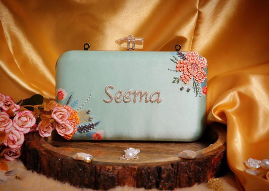 Mint green classy customised handwork on printed clutch