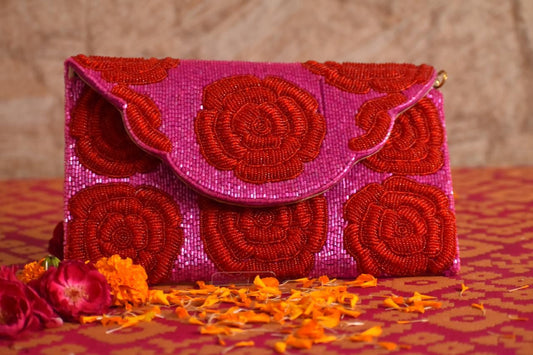 Pink floral beadwork flap clutch