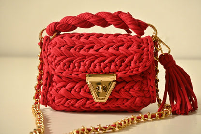 RED handmade crochet bag with metal sling