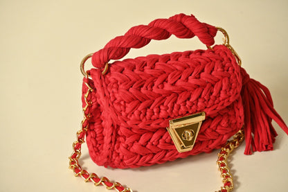 RED handmade crochet bag with metal sling