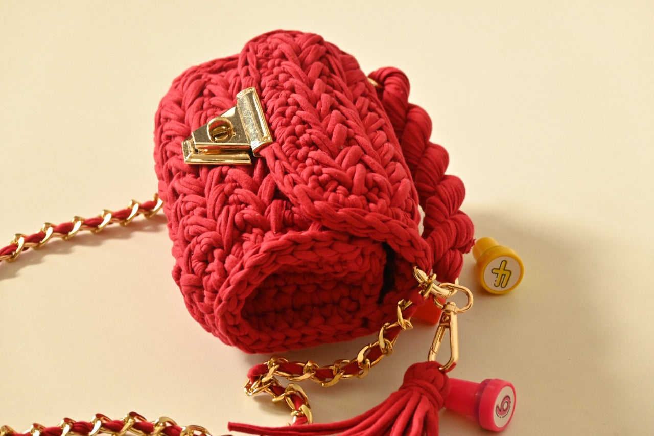 RED handmade crochet bag with metal sling