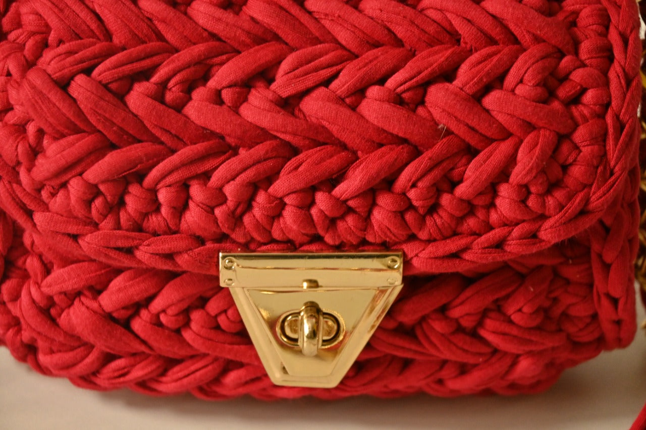 RED handmade crochet bag with metal sling