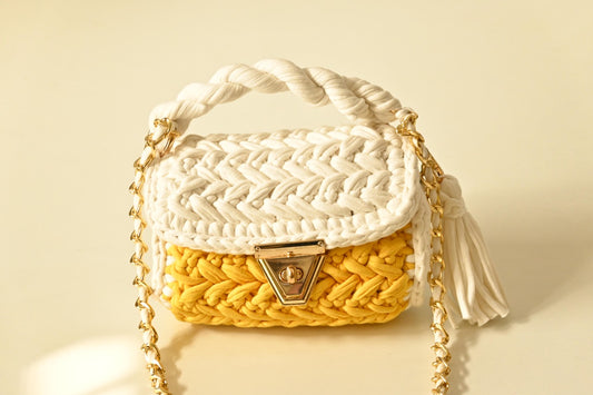 WHITE & YELLOW handmade crochet bag with metal sling