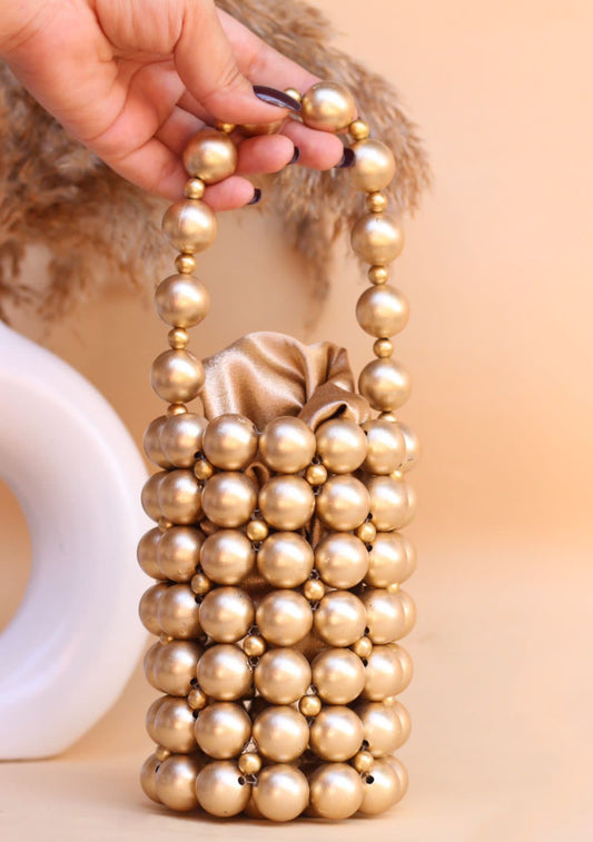 Handmade Luxury GOLDEN Bead Pearl Bucket Bag - Large