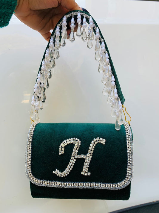 Emerald green crystal work customized flap bag