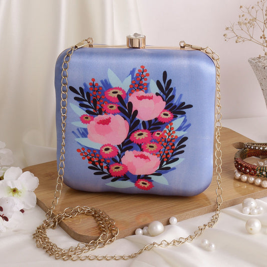 Blue bouquet printed clutch