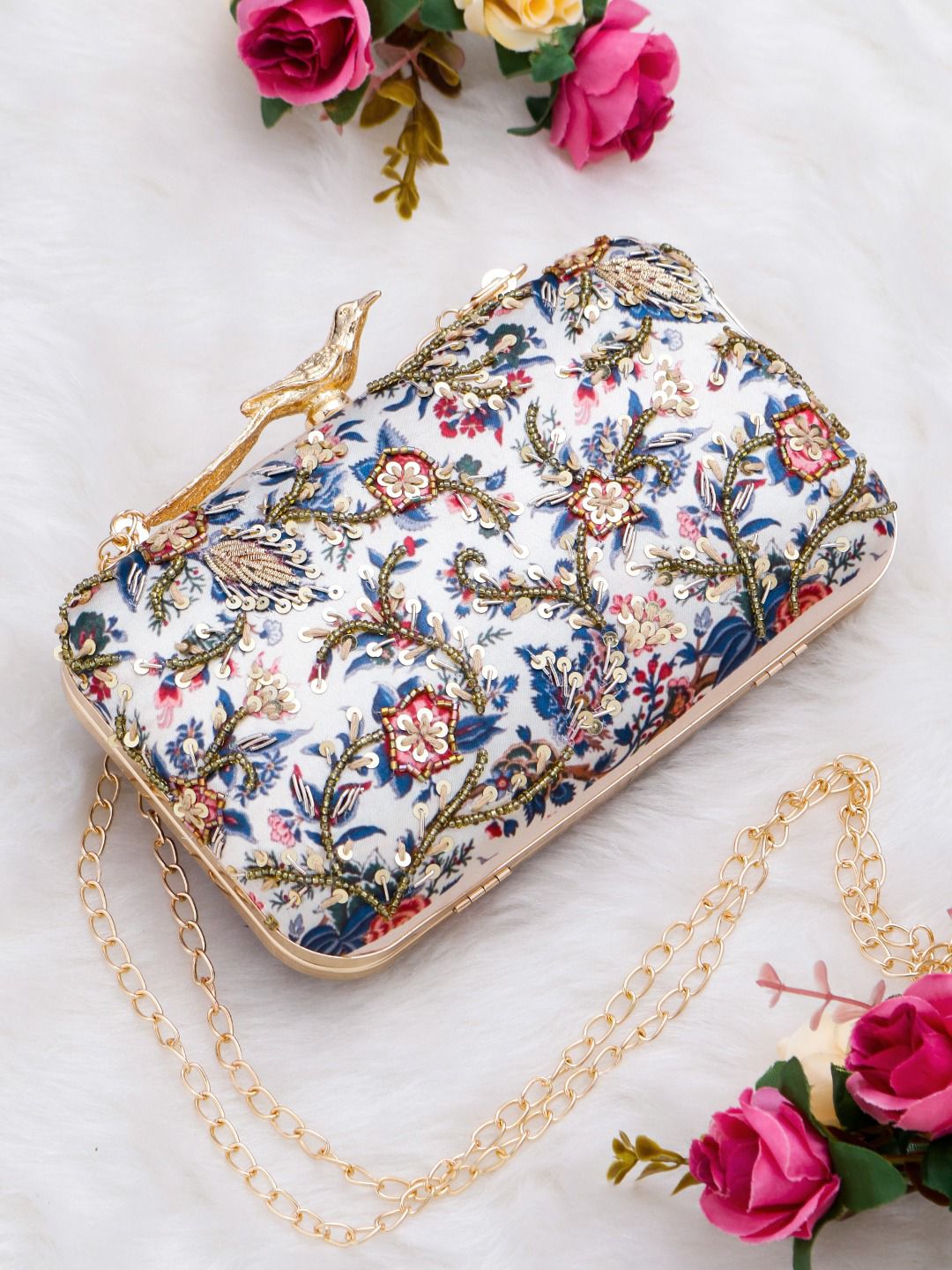 Designer Printed Embroidery Clutch with Bird knob