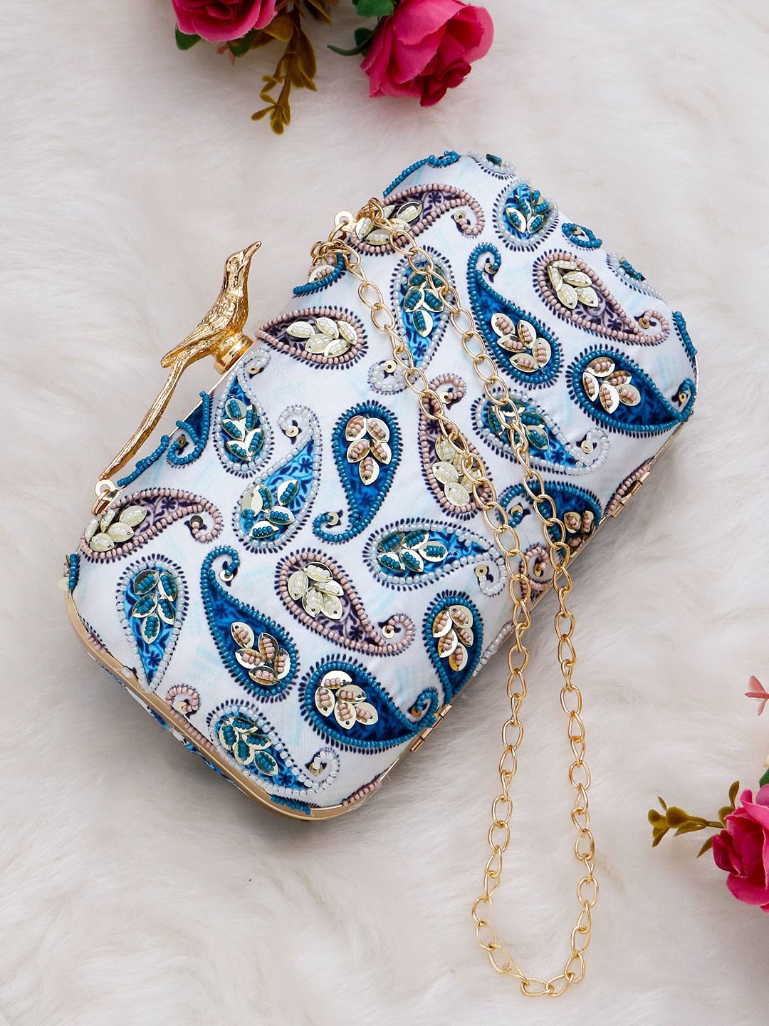 Designer Printed Embroidery Clutch with Bird knob