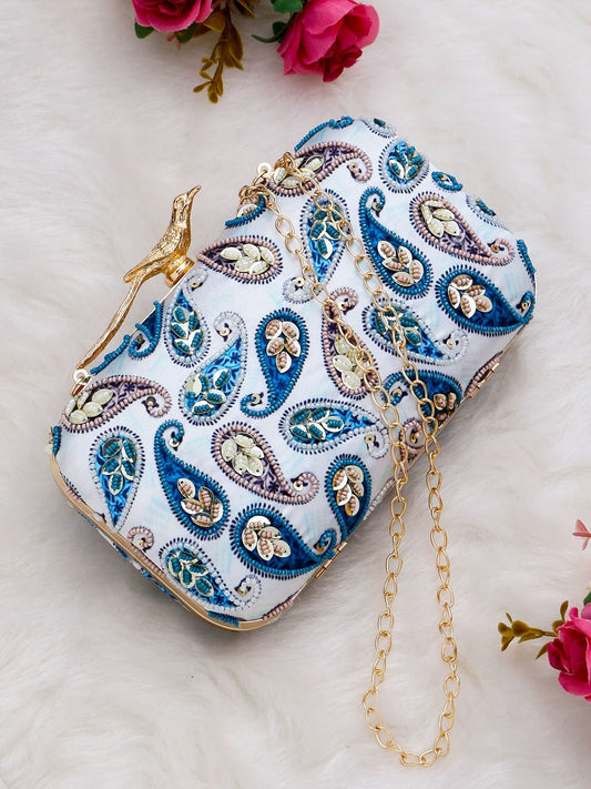 Designer Printed Embroidery Clutch with Bird knob