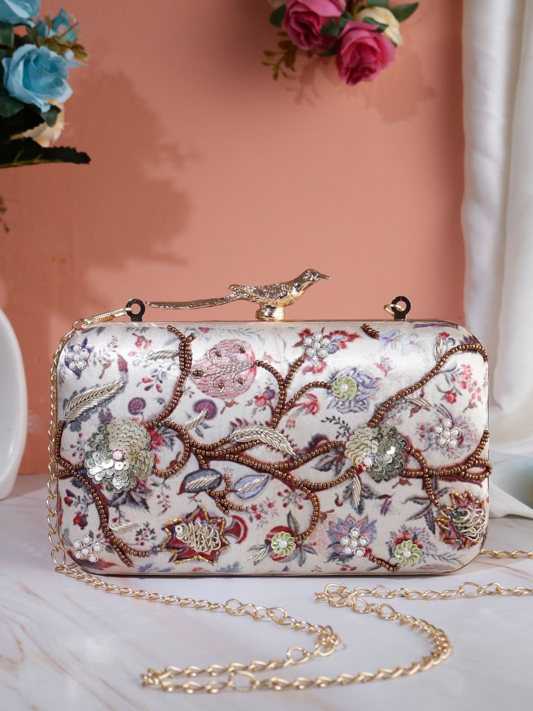 Designer Printed Embroidery Clutch with Bird knob