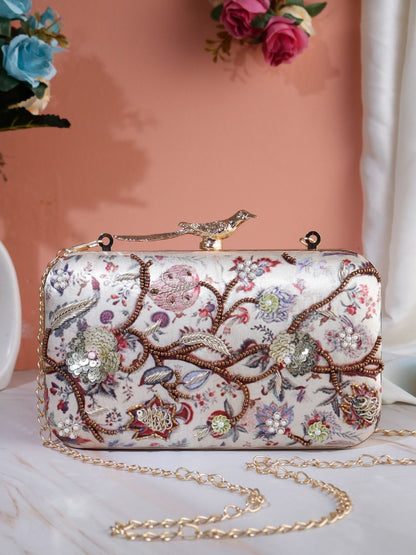 Designer Printed Embroidery Clutch with Bird knob