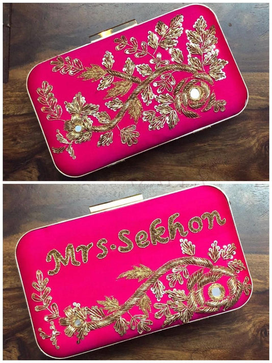 Golden embroidery name clutch with golden frame