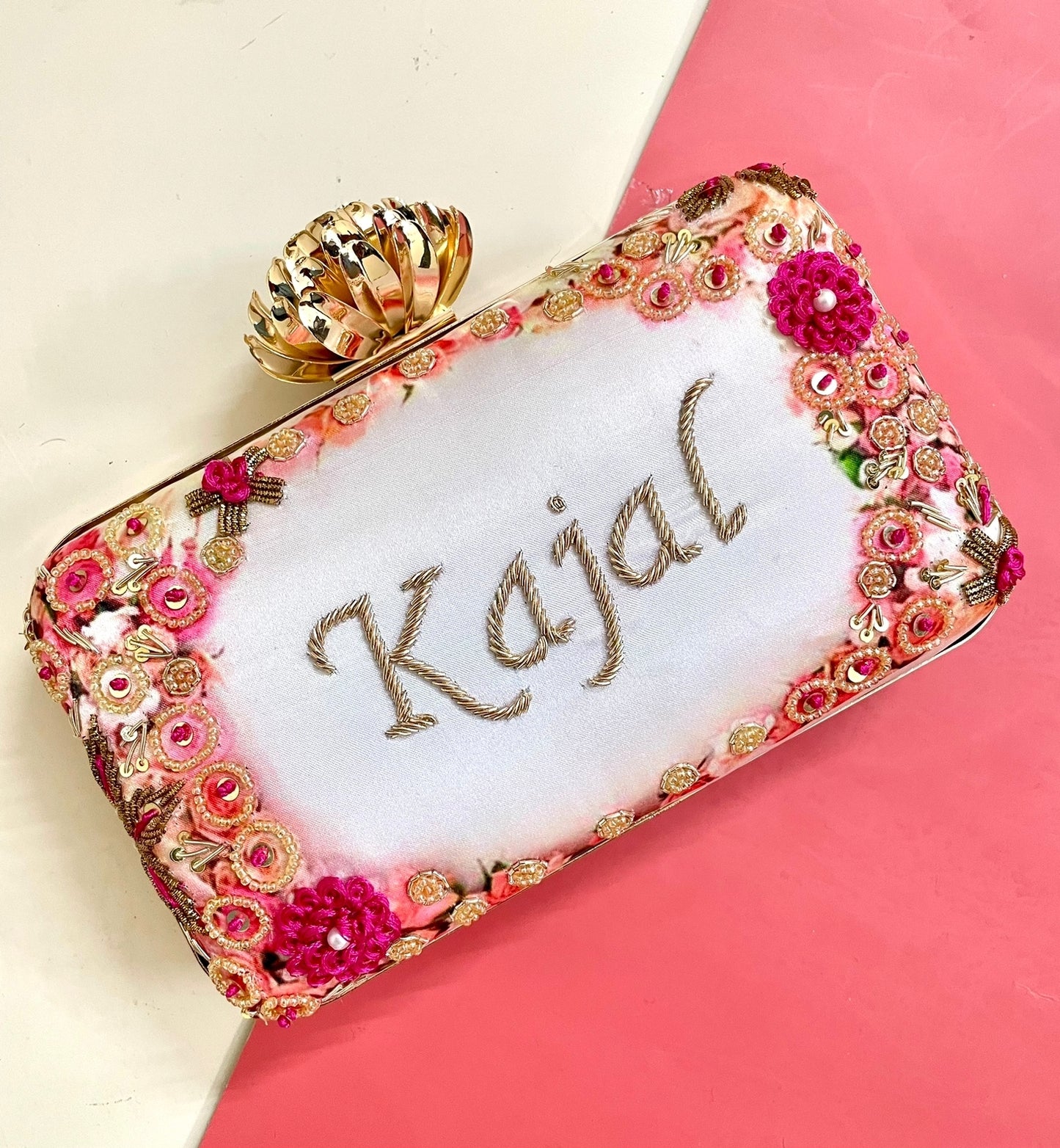 Designer Printed Embroidery Name Customization Clutch