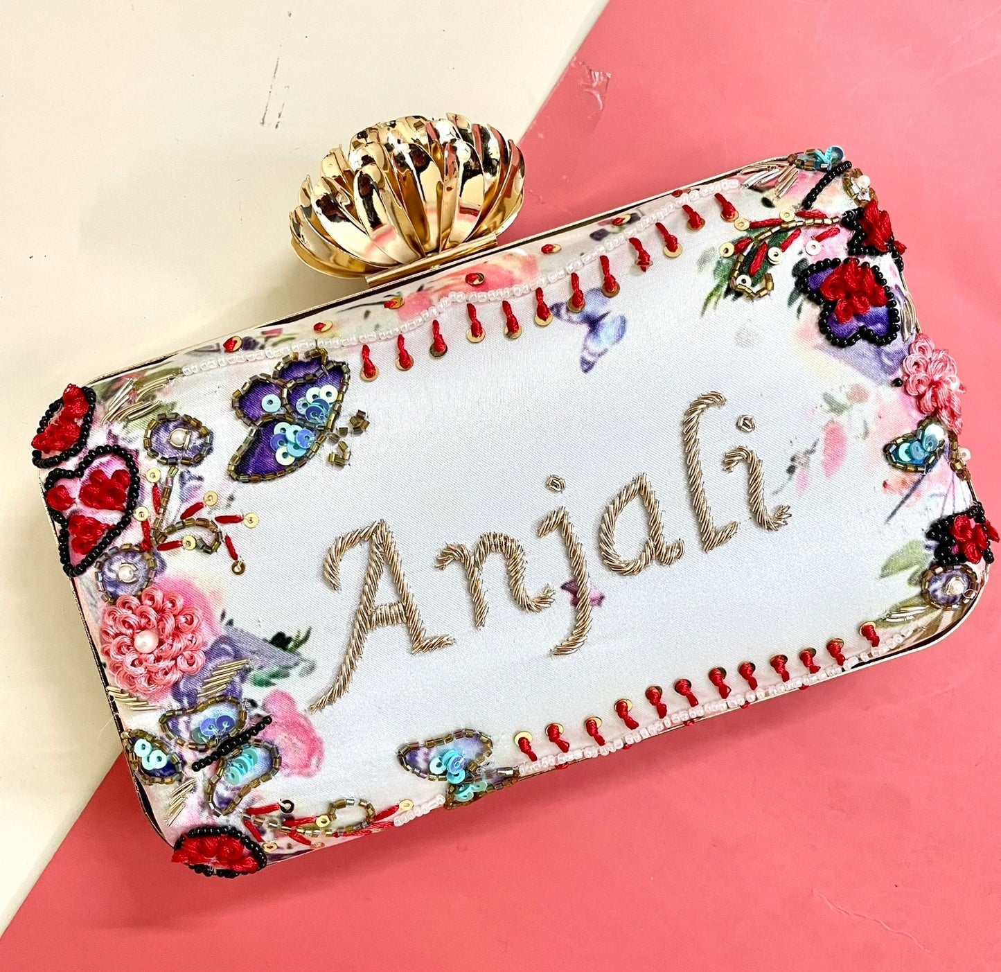 Designer Printed Embroidery Name Customization Clutch