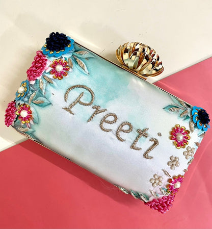 Designer Printed Embroidery Name Customization Clutch