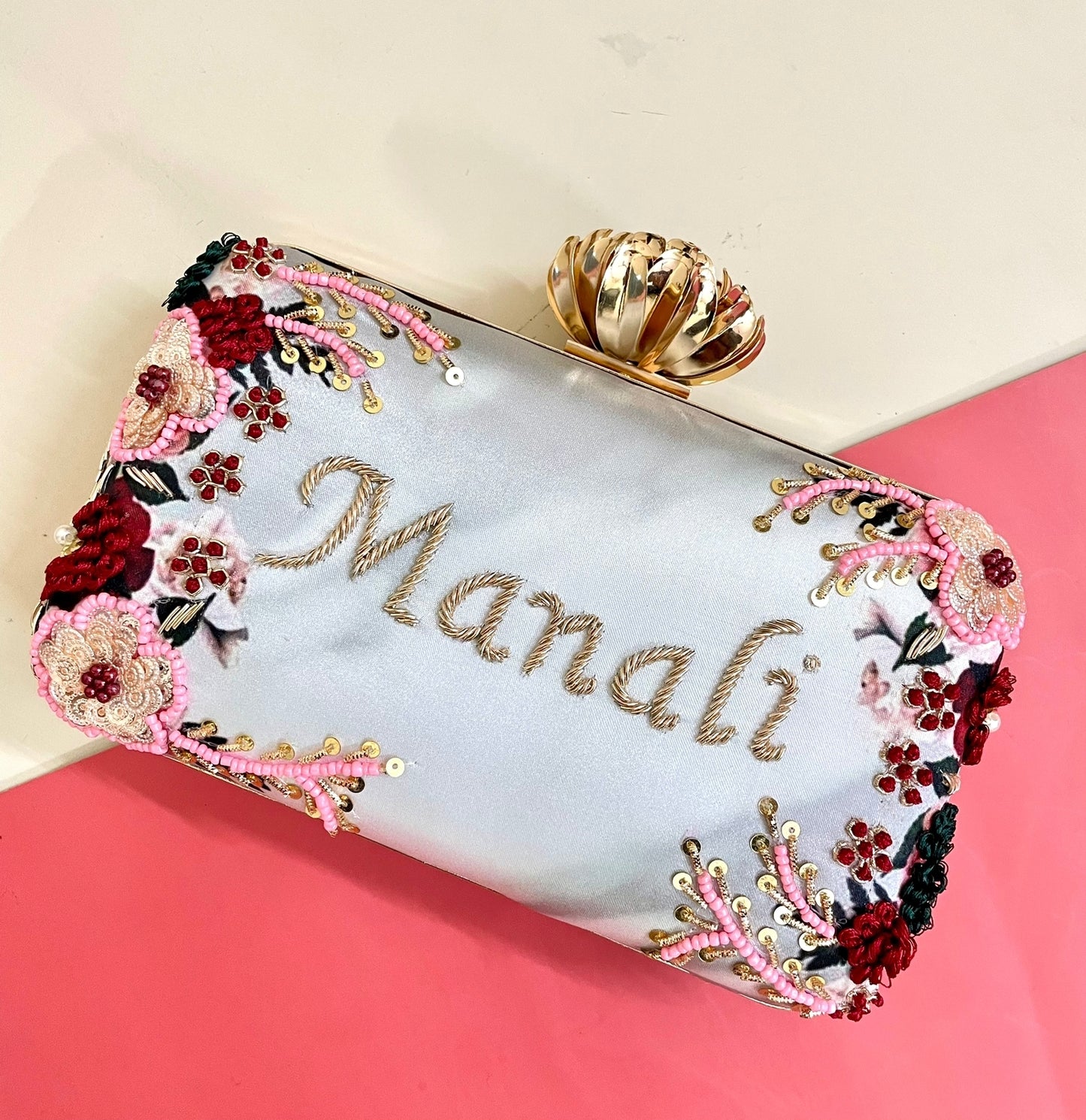 Designer Printed Embroidery Name Customization Clutch